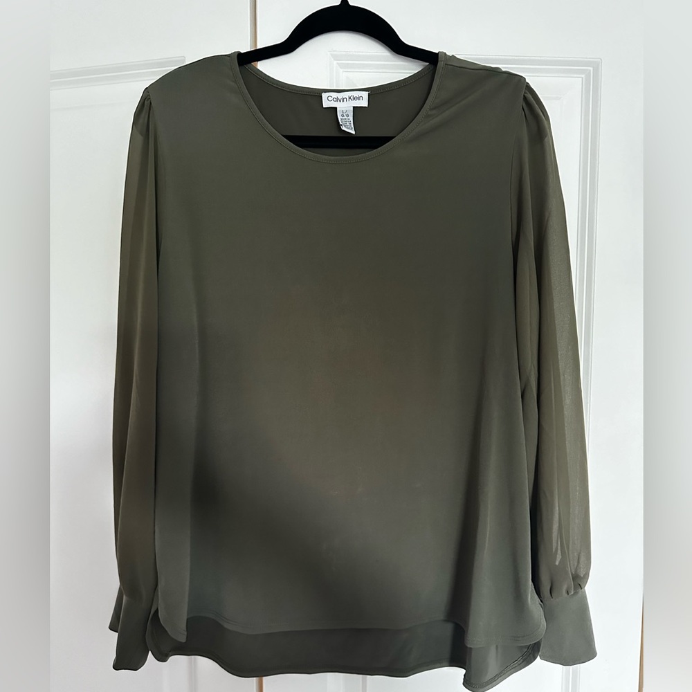 Calvin Klein olive green blouse with sheer sleeves. Size L.